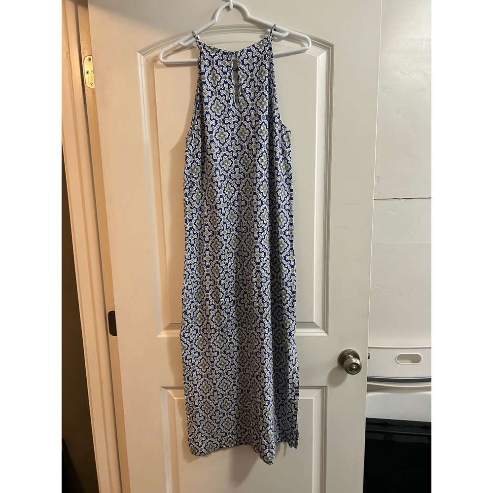 Boden Geometric Print racer back Halter Neck Midi Dress Blue White Green Size 6R - Picture 3 of 8